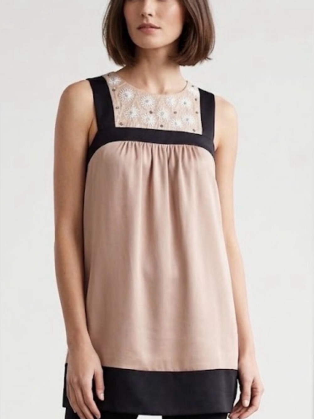MM Couture Silky Embellished Champagne & Black 
Tunic Top Size Large